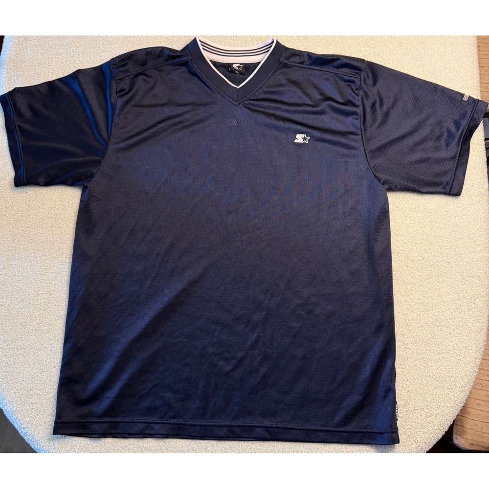 Starter Mens V-Neck Mesh Athletic Jersey Shirt Navy Blue Large Embroidered Logo